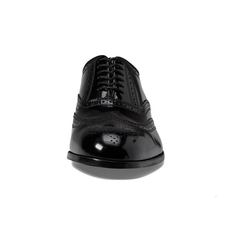 Allen's Bootery Lexington black leather wingtip oxford shoes with intricate perfing and lace-up front view