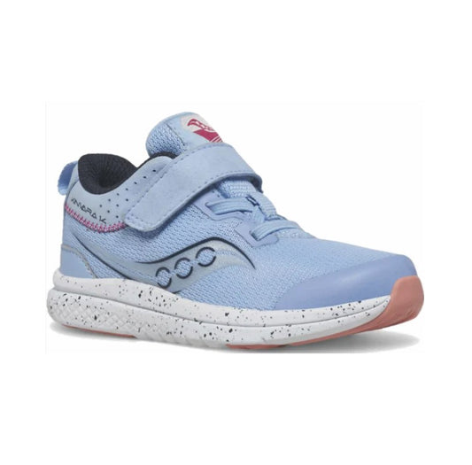 Allen's Bootery light blue Kinvara 14 A/C kids' running shoe with mesh upper, hook-and-loop strap, and speckled sole.