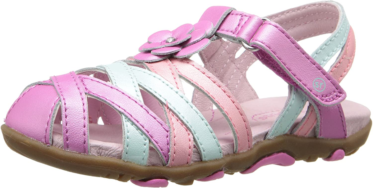 Allen's Bootery Lily pink and white leather sandals for little kids with flower detail and hook and loop closure