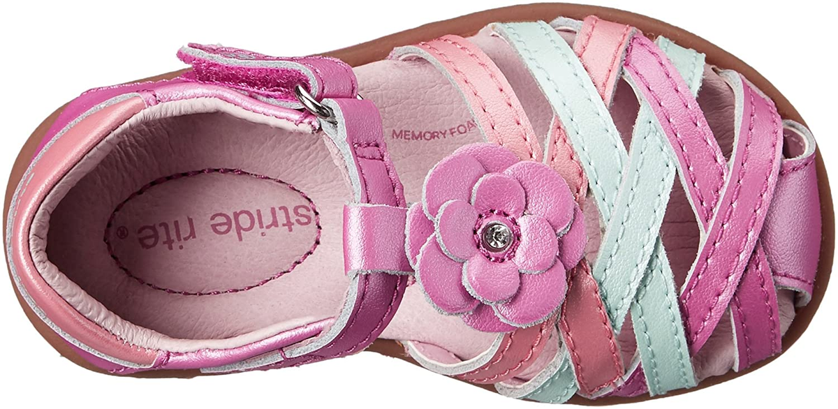 Allen's Bootery Lily pink and white leather sandals for little kids with flower detail and hook and loop closure