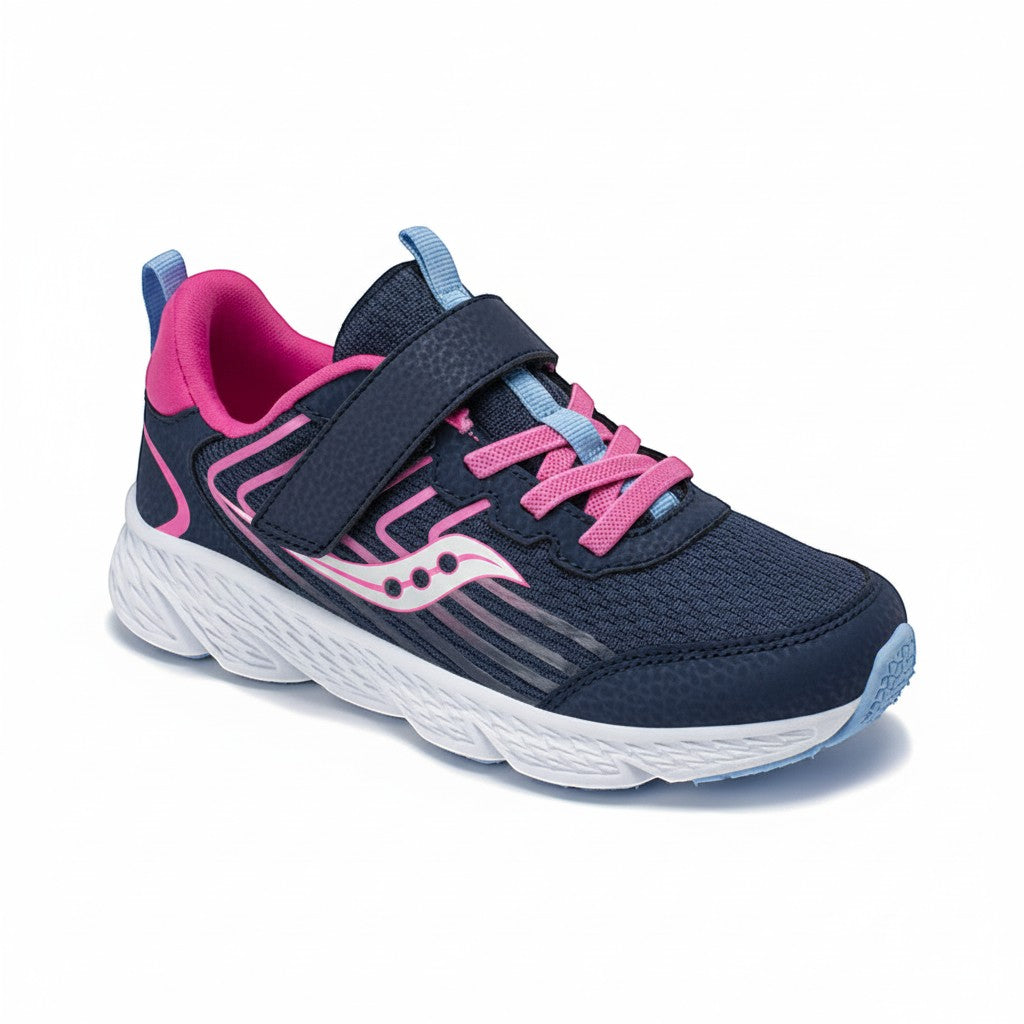 Allen's Bootery Little Kid's Wind Navy/Pink sneaker with mesh and leather upper, pink laces and strap, white sole.