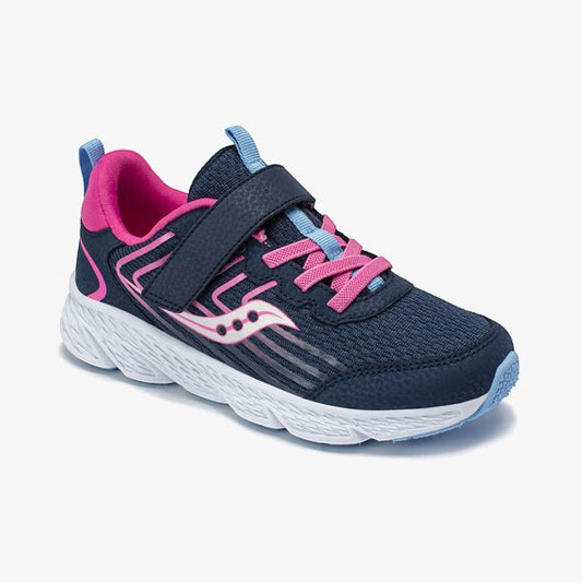 Allen's Bootery Little Kid's Wind navy and pink mesh and leather sneakers with adjustable strap and white sole.