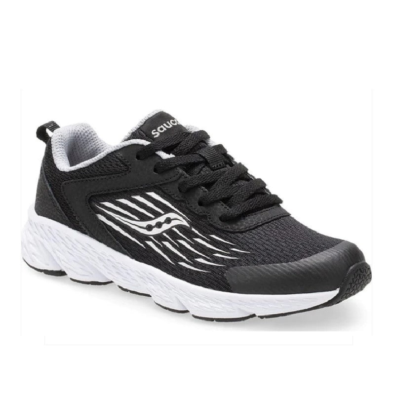 Allen's Bootery Little Kid's Wind black sneaker with breathable mesh, leather upper, and white EVA cushioned midsole.