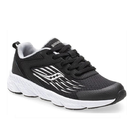 Allen's Bootery Little Kid's Wind black sneaker with breathable mesh, leather upper, and white EVA cushioned midsole.