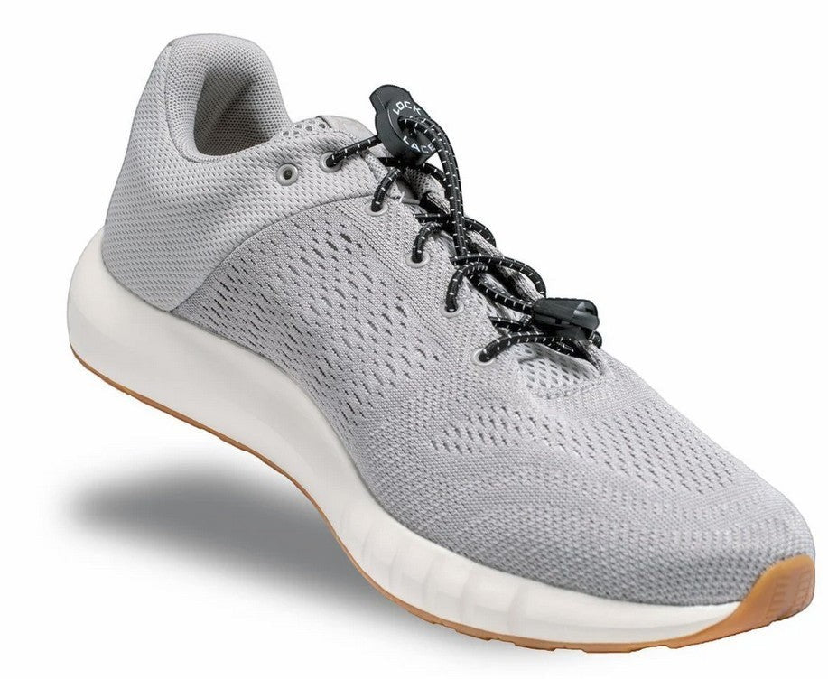 Allen's Bootery grey athletic shoe featuring black Lock Laces no-tie elastic shoelaces with a locking device.
