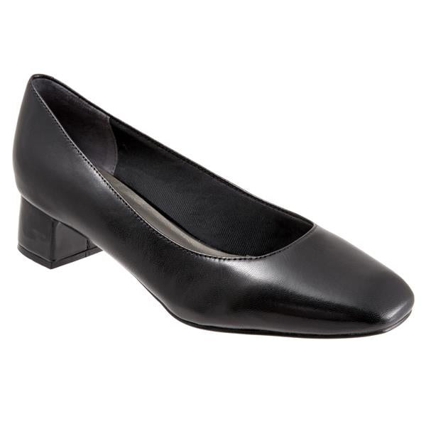 Allen's Bootery Lola black leather pump with a square toe and a modern flared heel for everyday comfort.