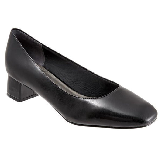 Allen's Bootery Lola black leather pump with a square toe and a modern flared heel for everyday comfort.