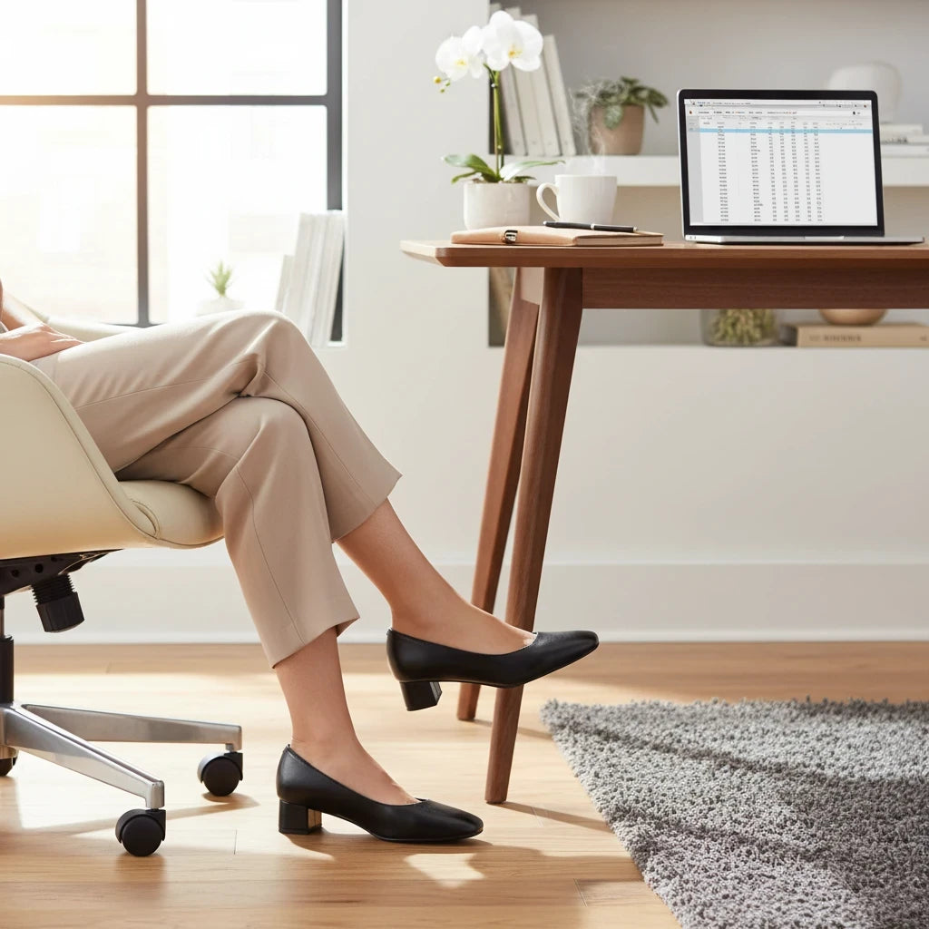 Allen's Bootery Lola black leather pumps with a square toe and flared heel worn by a woman in an office setting