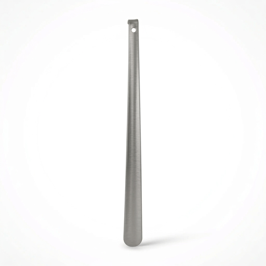 Allen's Bootery 23-inch long-handled metal shoe horn in brushed silver finish for easy shoe access.