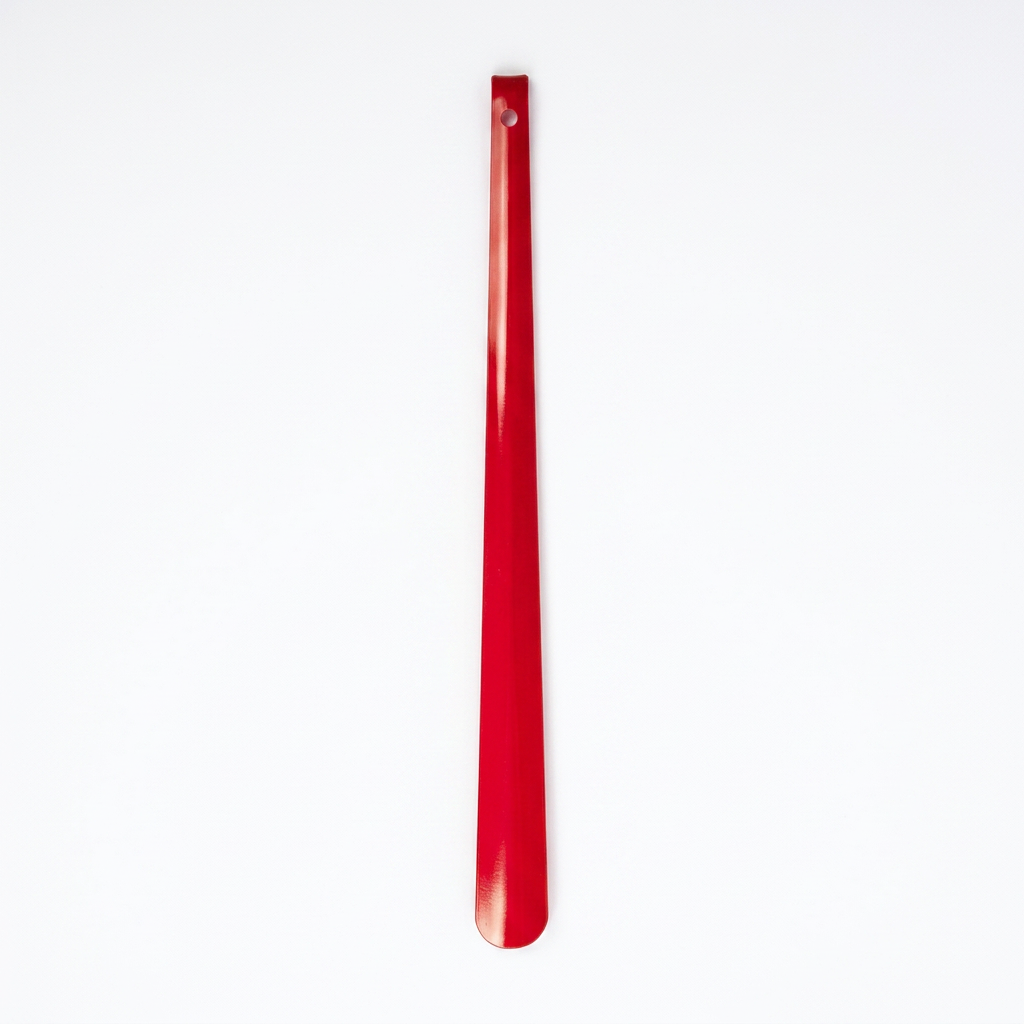 Allen's Bootery 23-inch red metal shoe horn with a long handle for easy use without bending.