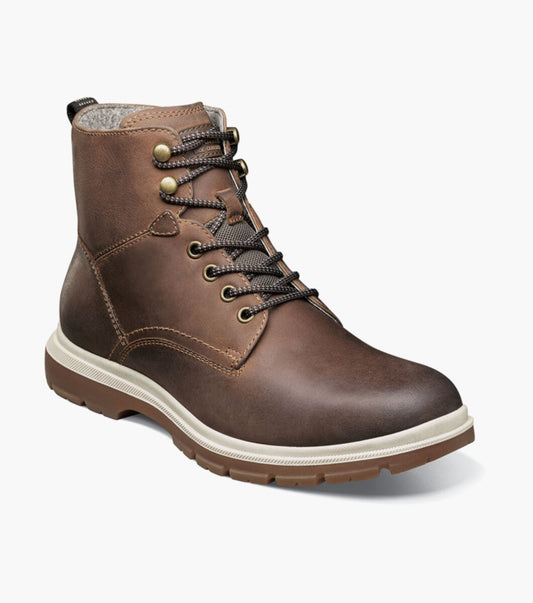 Allen's Bootery Lookout plain toe lace-up boot in light brown with a durable rubber sole and side zipper.