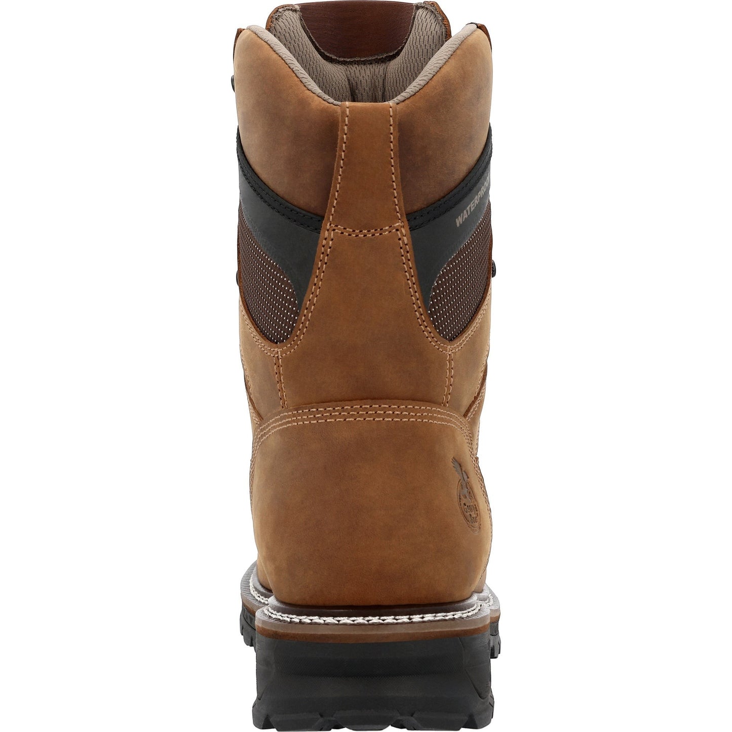 Allen's Bootery LTX Logger 9-inch waterproof work boot in brown leather with composite toe and black accents, back view