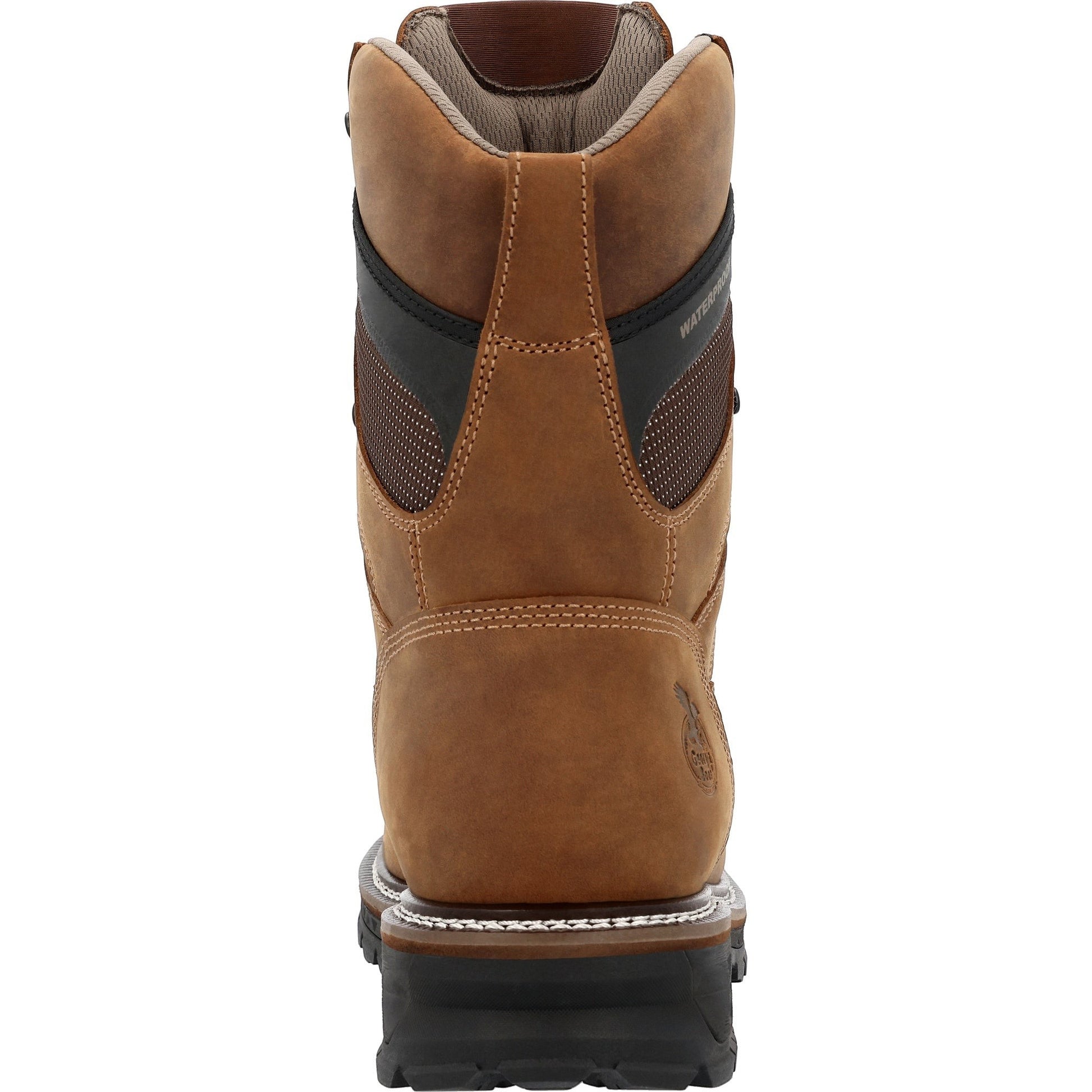 Allen's Bootery LTX Logger 9-inch waterproof work boot in brown leather with composite toe and black accents, back view