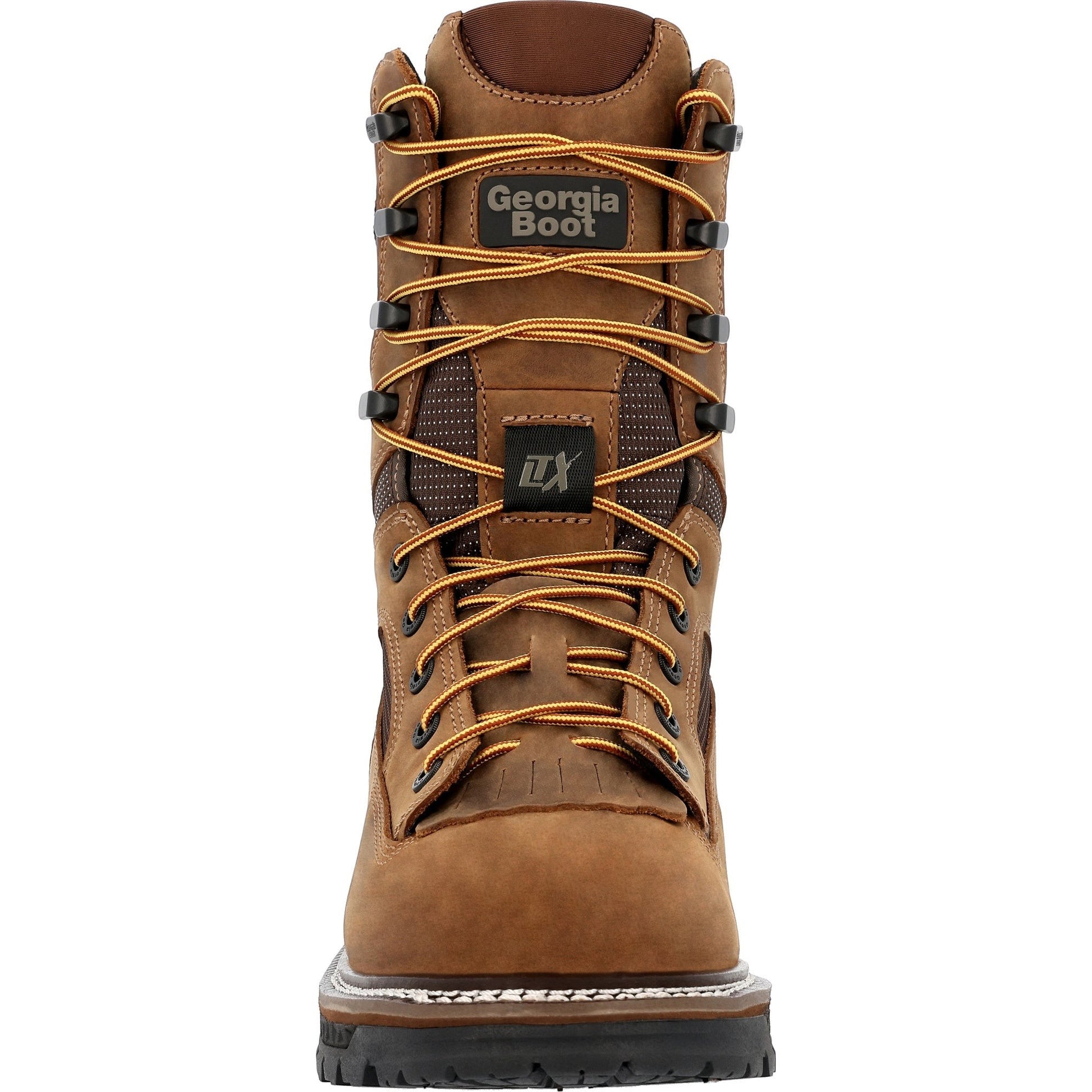 Allen's Bootery Georgia Boot LTX 9-inch waterproof composite toe work boot in brown leather with yellow laces.