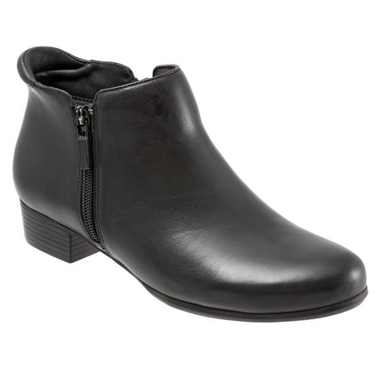 Allen's Bootery Major black leather ankle boot with dual side zippers, padded heel collar, and low block heel.