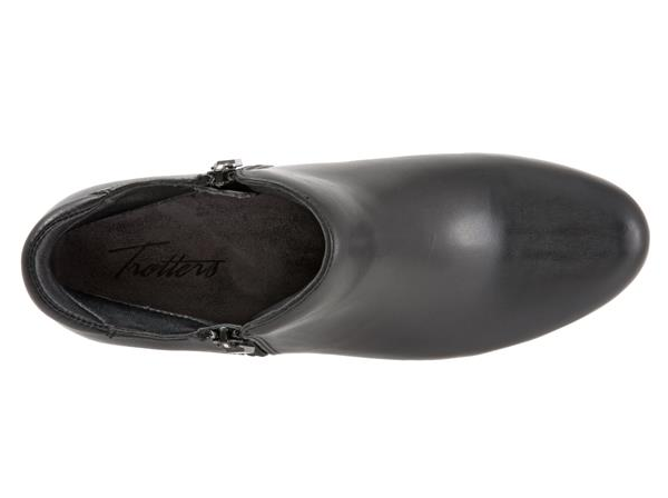 Allen's Bootery Major black leather ankle boot with dual zippers and cushioned interior, top-down view.