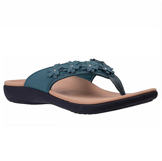 Allen's Bootery Belize thong sandals in mallard green with floral strap embellishments and a contoured footbed.