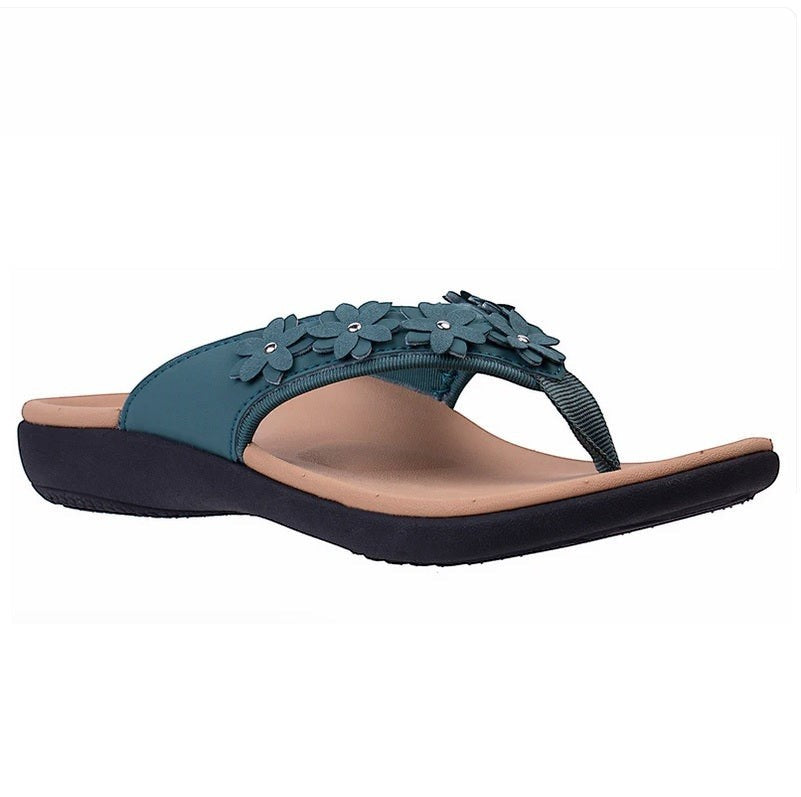 Allen's Bootery Yumi Belize orthotic thong sandal in mallard green with floral embellishments and cushioned footbed.
