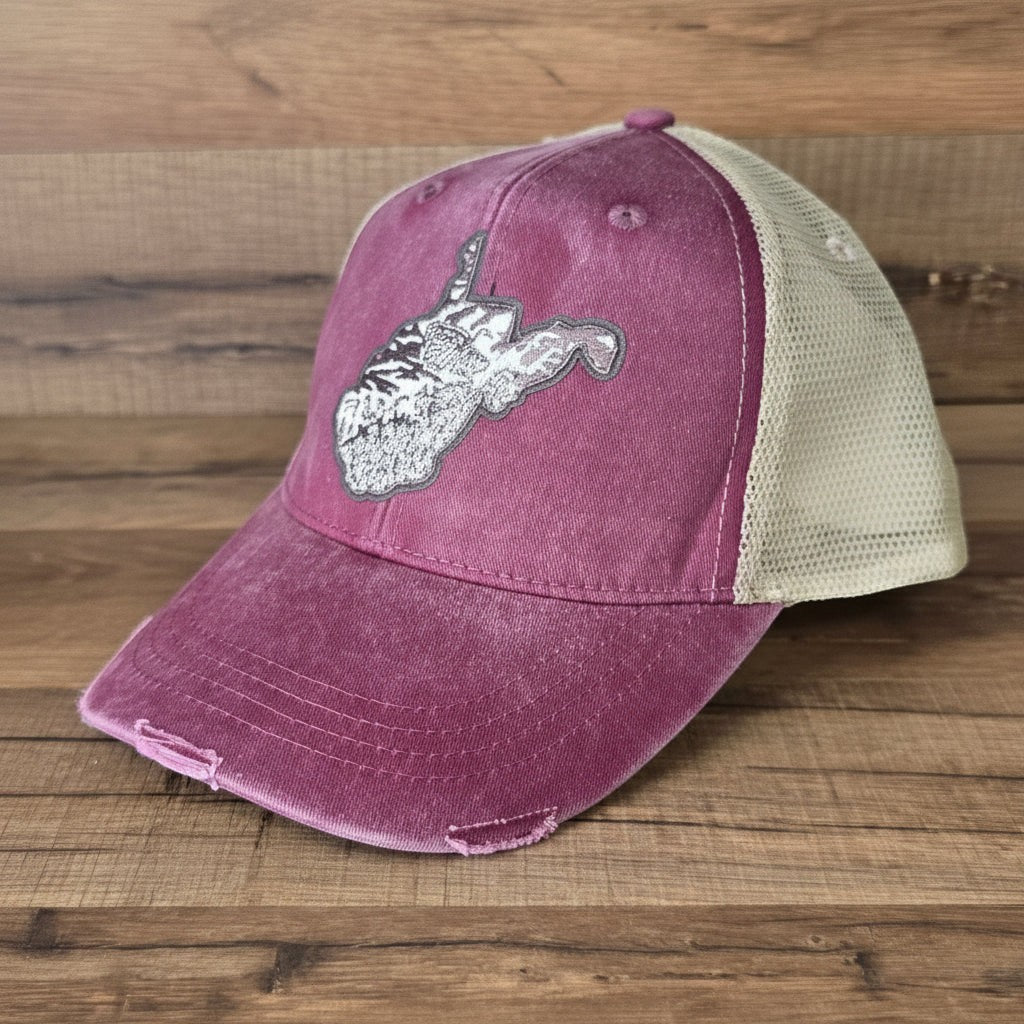 Allen's Bootery distressed maroon trucker hat with a mesh back and a West Virginia state patch on the front.