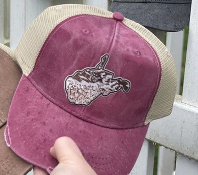 Allen's Bootery distressed maroon trucker hat with a mesh back and a West Virginia state butterfly patch.