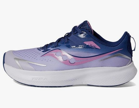 Allen's Bootery Big Kid's Ride running shoe in mauve and indigo with breathable mesh upper and white PWRRUN midsole.