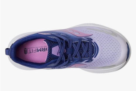 Allen's Bootery Big Kid's Ride running shoe in mauve and indigo with breathable mesh and lace-up closure top view