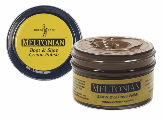 Allen's Bootery Meltonian brown shoe cream polish in an open jar with a yellow and blue lid for leather care