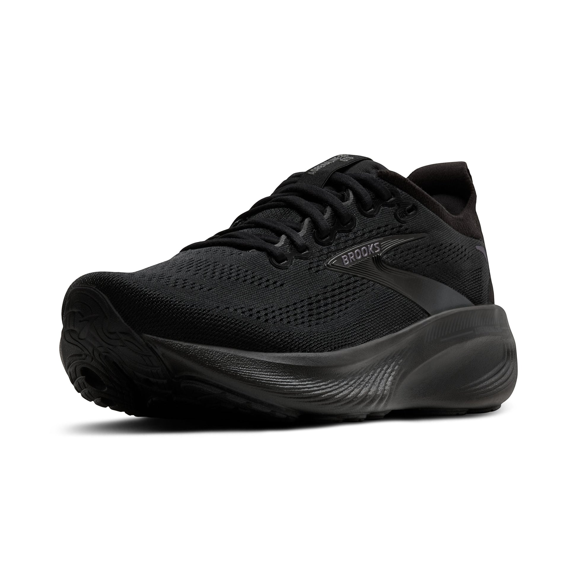 Allen's Bootery Men's Adrenaline 25 black running shoes with mesh upper and GuideRails™ technology for support.