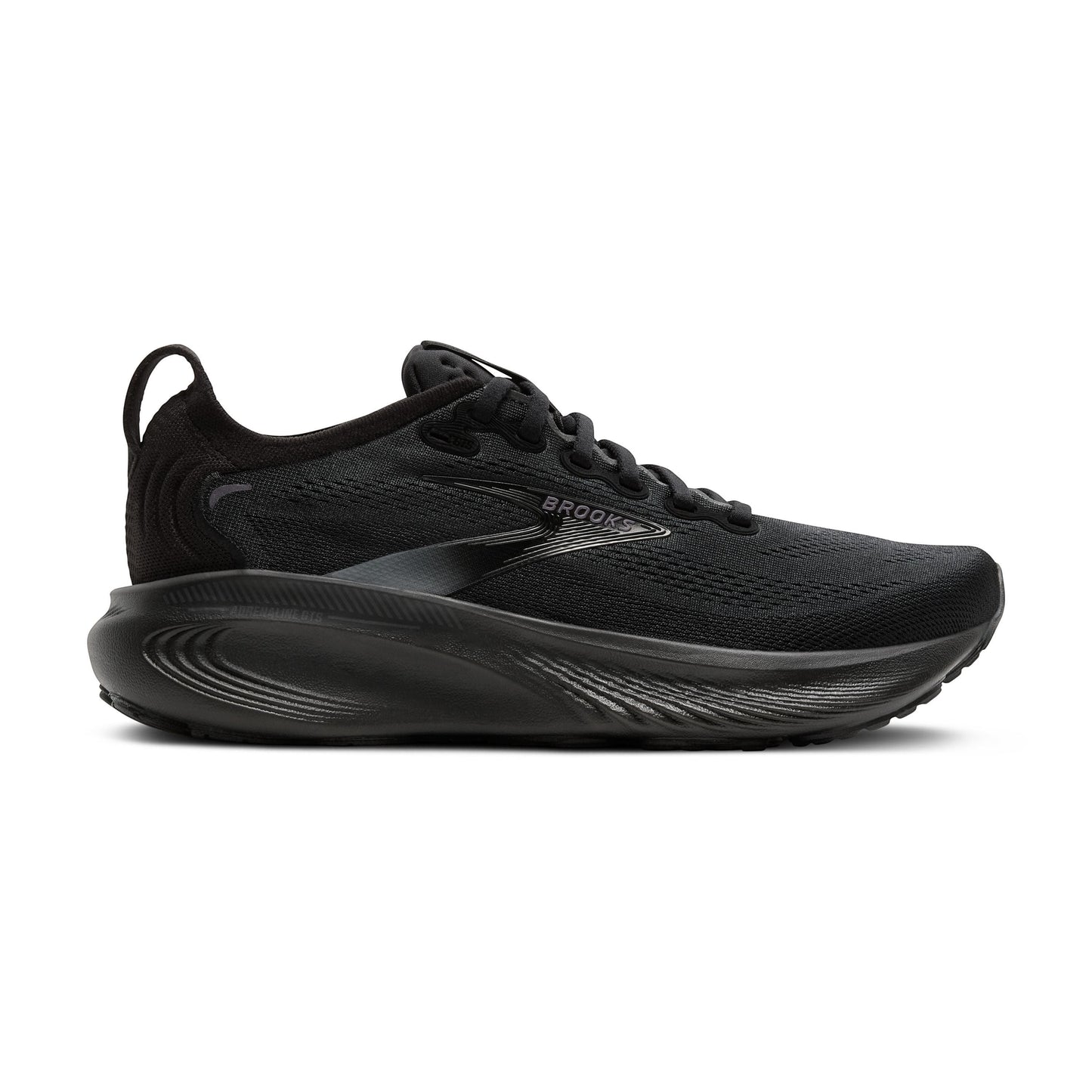Allen's Bootery Men's Adrenaline 25 black running shoes with mesh upper and cushioned sole.