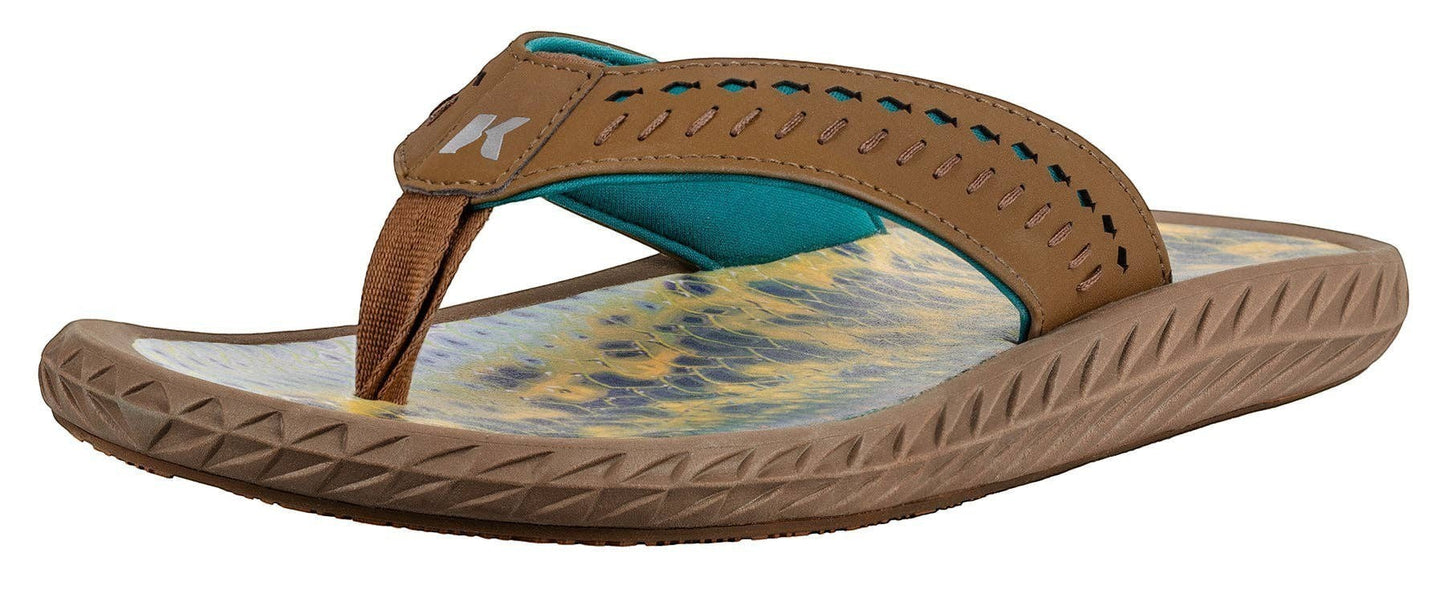 Allen's Bootery Men's Fish Flip sandals in tan with teal lining and a bass fish print footbed. Features a perforated strap with fish cutouts.