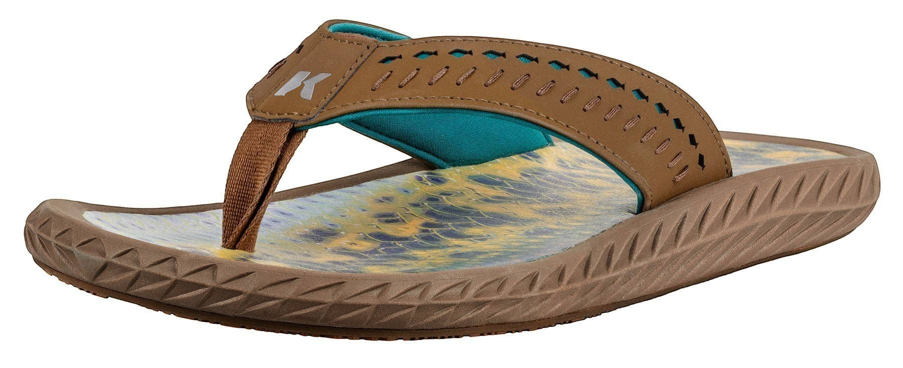 Allen's Bootery Men's Fish Flip sandals in tan with teal lining and a bass fish print footbed. Features a perforated strap with fish cutouts.