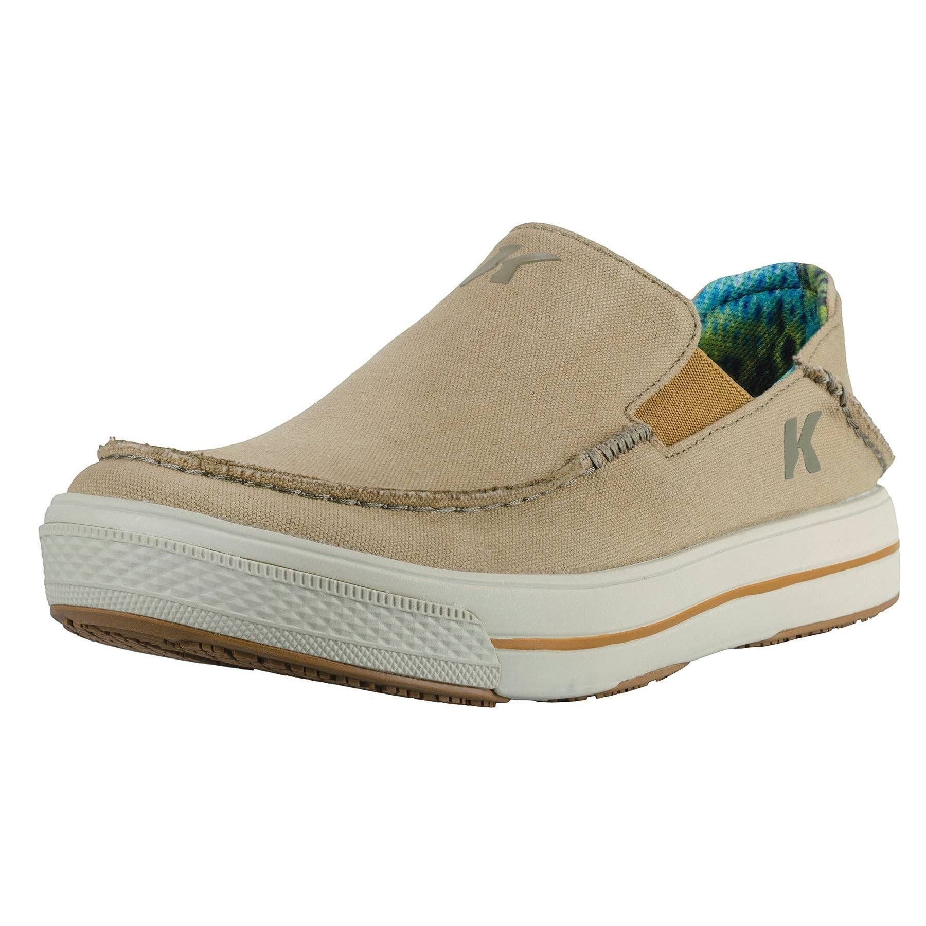 Allen's Bootery Men's beige canvas slip-on boat shoes with a colorful fish print lining and non-marking rubber sole.
