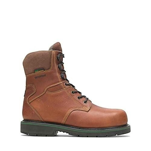 Allen's Bootery men's brown full-grain leather 8-inch composite toe waterproof work boot with black laces and green sole.