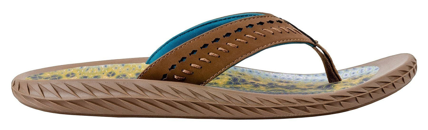 Allen's Bootery Men's brown leather flip-flops with blue lining and fish print footbed. Features decorative stitching and textured sole.