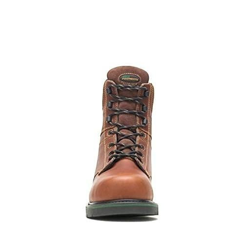 Allen's Bootery men's brown leather composite toe work boot with black laces and green sole.
