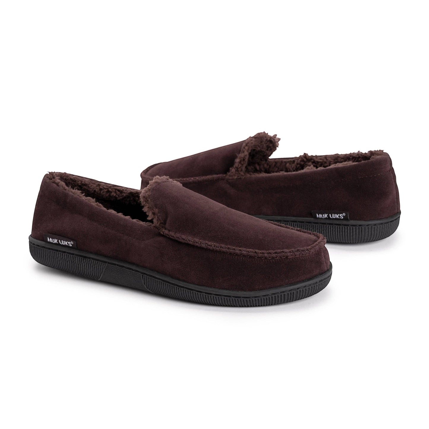 Allen's Bootery men's dark brown faux suede moccasin slippers with plush faux fur lining and indoor/outdoor sole.