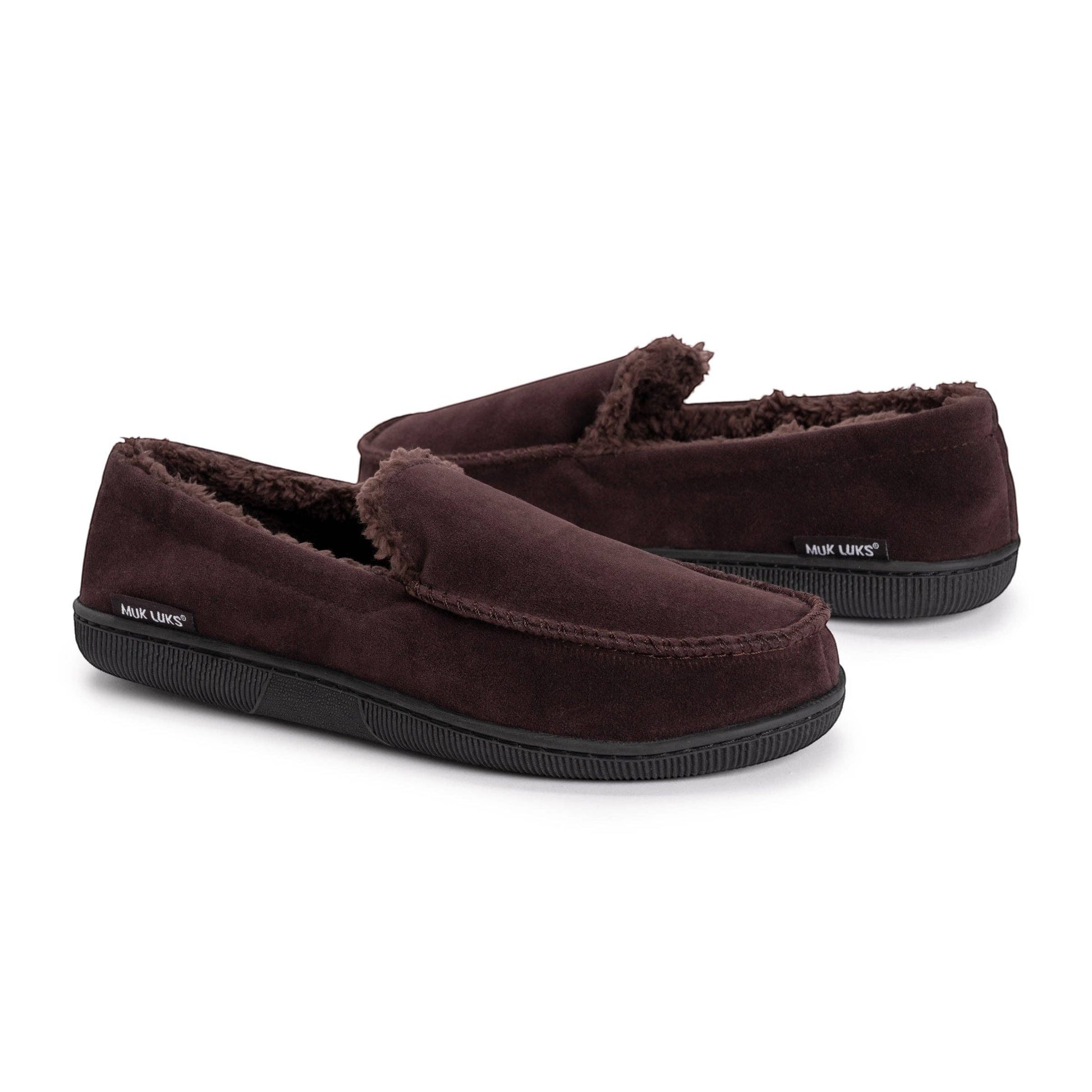 Allen's Bootery men's dark brown faux suede moccasin slippers with plush faux fur lining and indoor/outdoor sole.