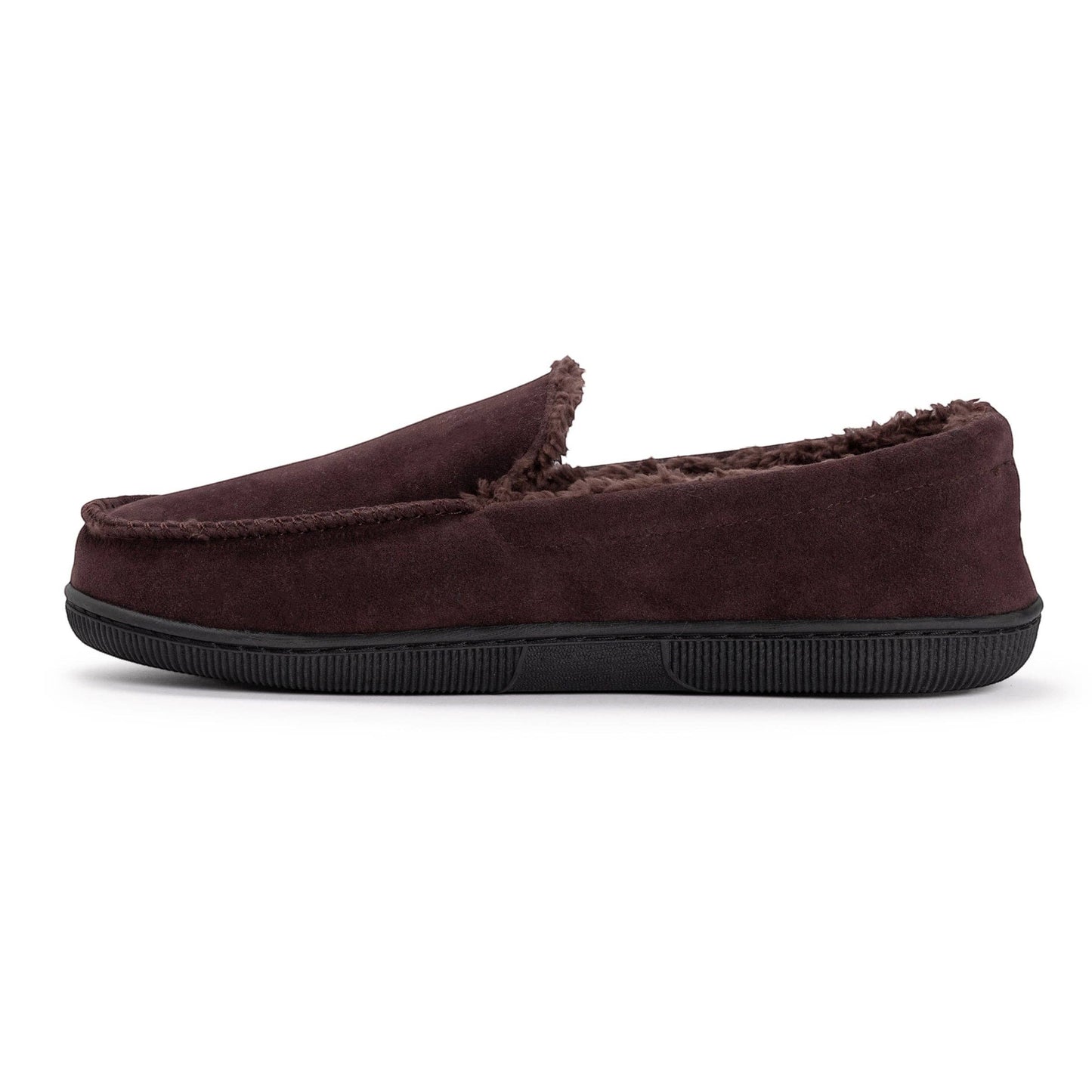 Allen's Bootery men's dark brown faux suede moccasin slippers with plush faux fur lining and durable indoor/outdoor sole.
