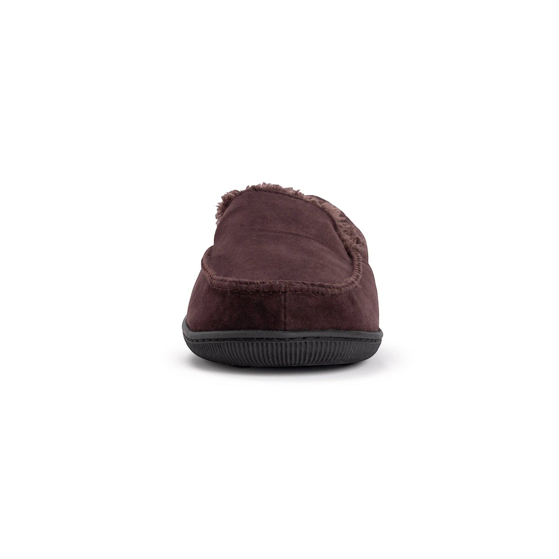 Allen's Bootery men's dark brown faux suede moccasin slippers with faux fur lining and indoor/outdoor sole.