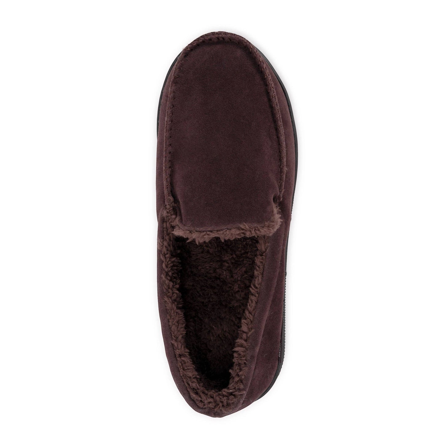 Allen's Bootery men's dark brown faux suede moccasin slippers with plush faux fur lining and indoor/outdoor sole.