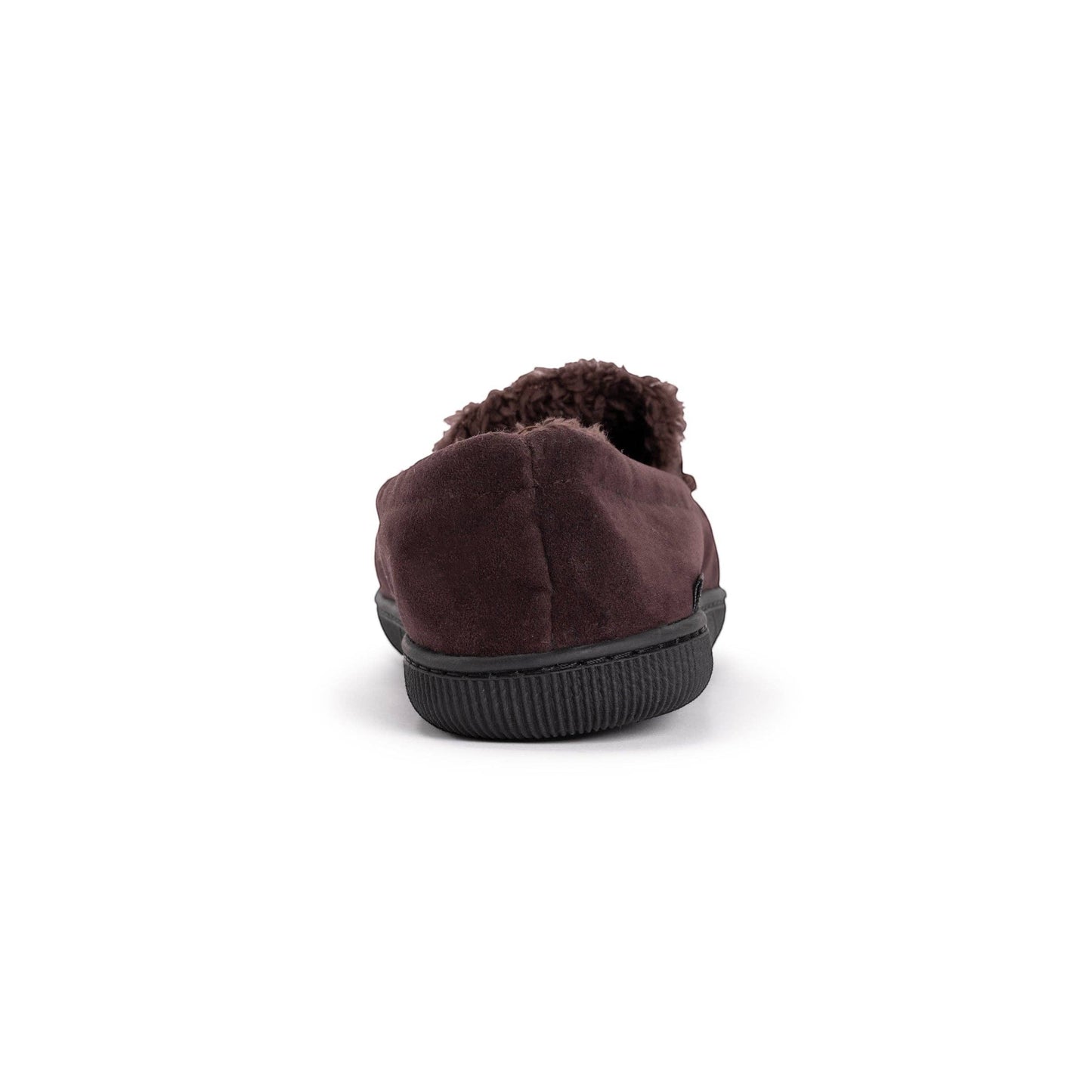 Allen's Bootery men's dark brown faux suede moccasin slippers with plush faux fur lining and indoor/outdoor sole.