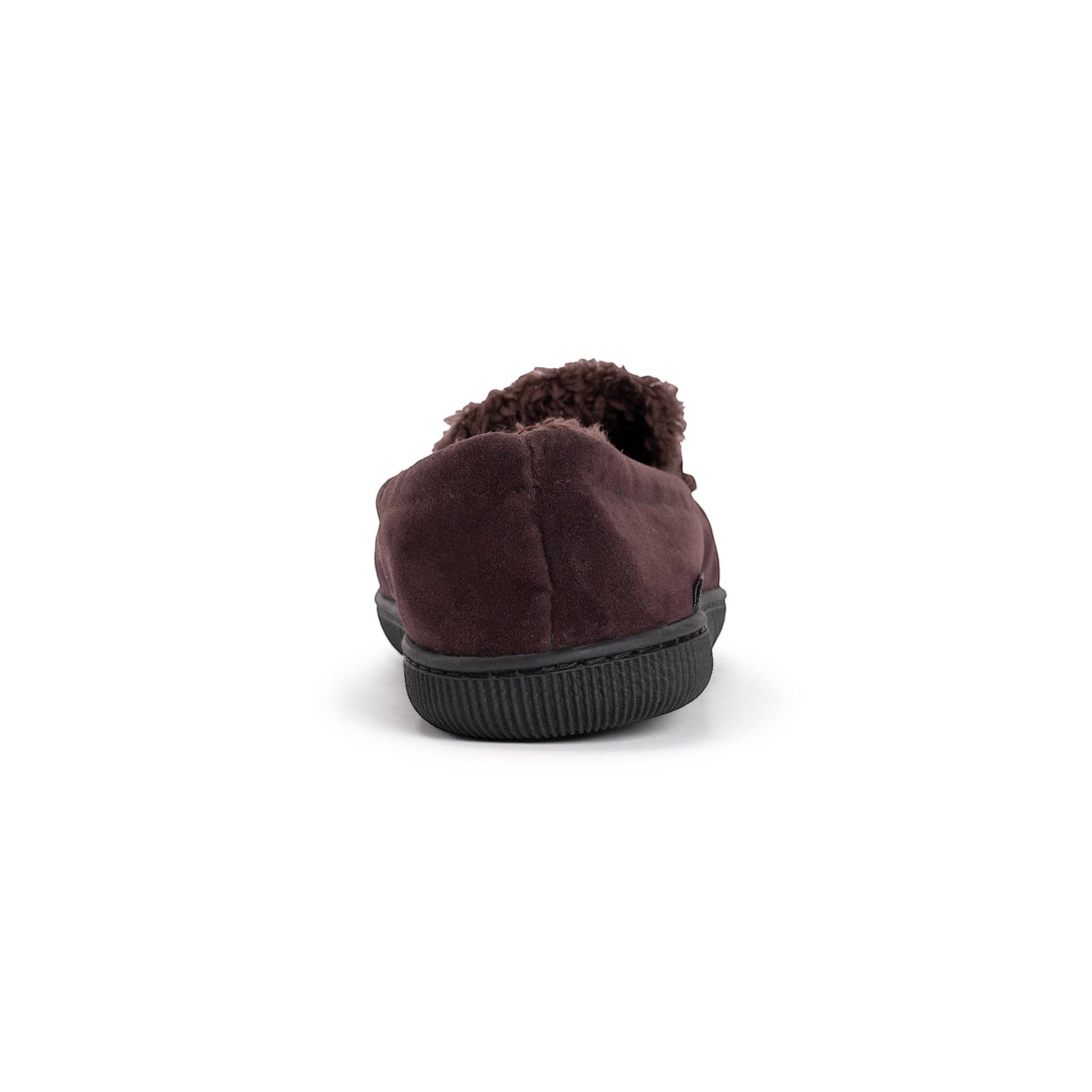Allen's Bootery men's dark brown faux suede moccasin slippers with plush faux fur lining and indoor/outdoor sole.