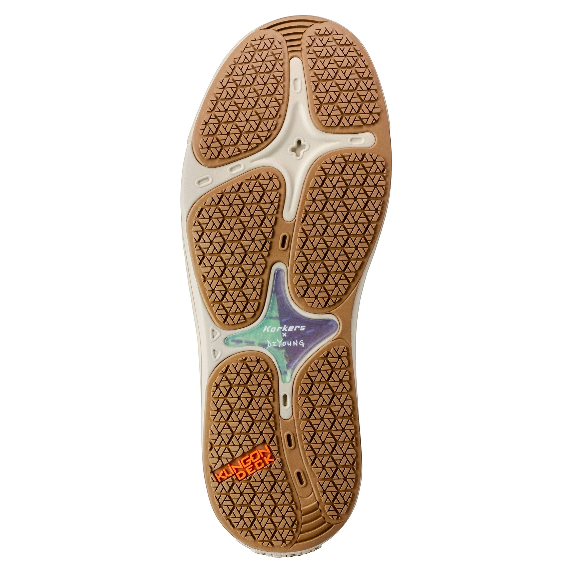 Allen's Bootery Men's Fish Moc boat shoes sole with Klingon Deck traction and Korkers x DeYoung branding.