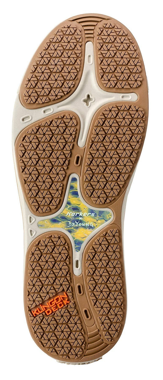 Allen's Bootery Men's Fish Moc boat shoes with tan Kling-On Deck rubber sole featuring fish print detail and triangular grip pattern.