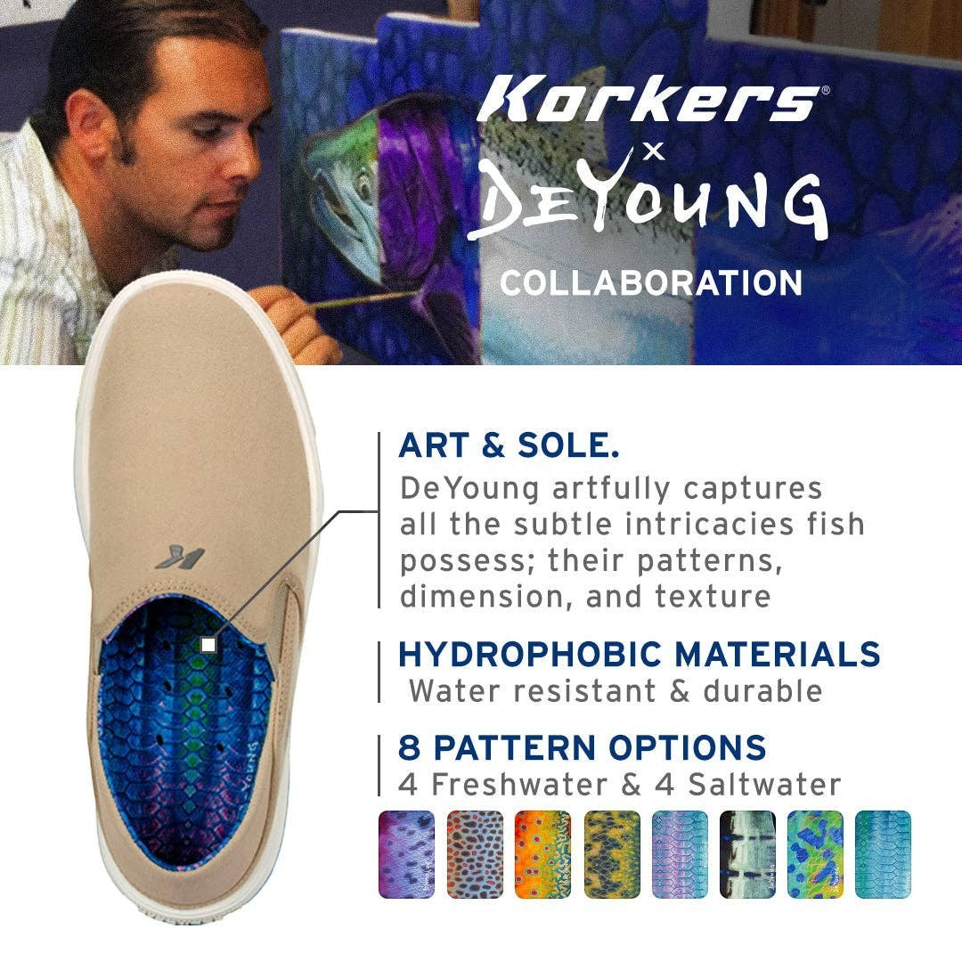 Allen's Bootery Men's tan canvas slip-on boat shoes with vibrant fish print insoles and a collapsible heel.
