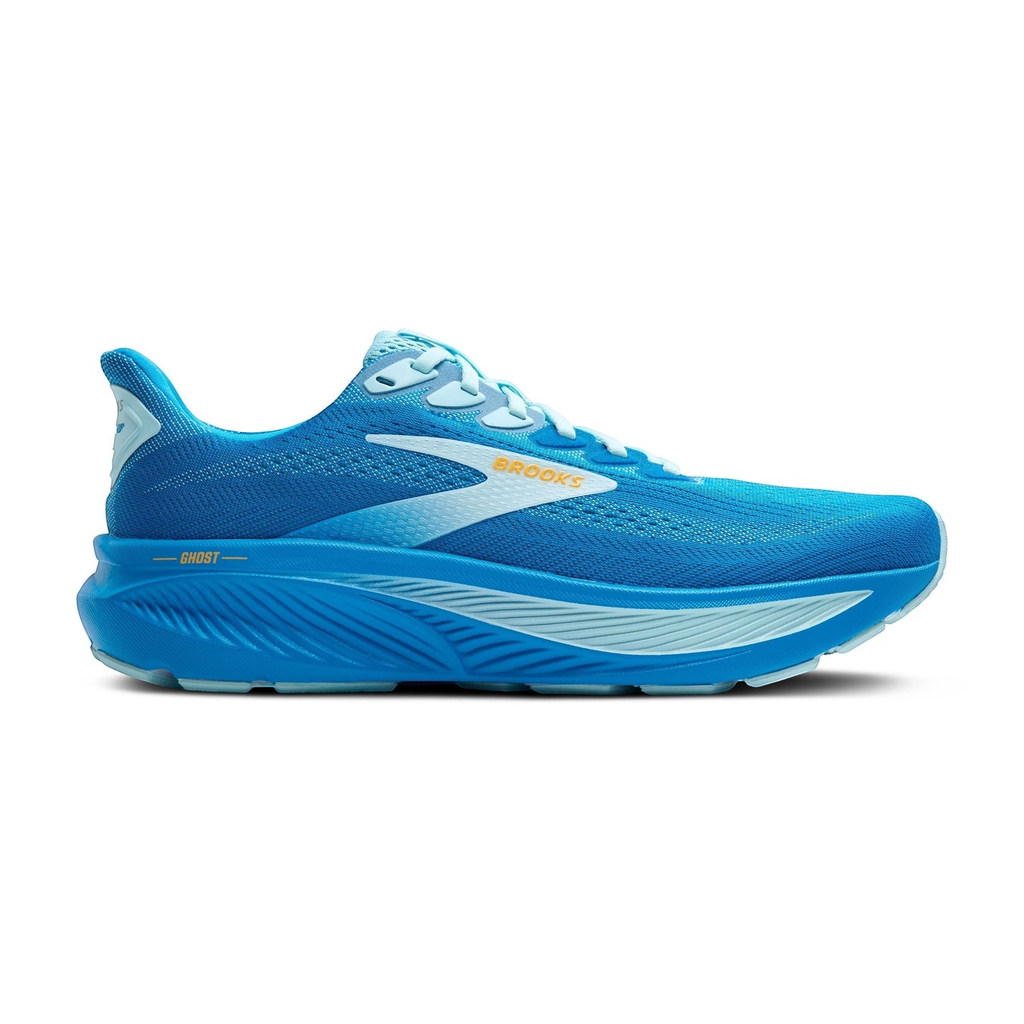 Allen's Bootery Men's Ghost 17 running shoe in blue with orange accents and white detailing. Features recycled materials and enhanced cushioning.
