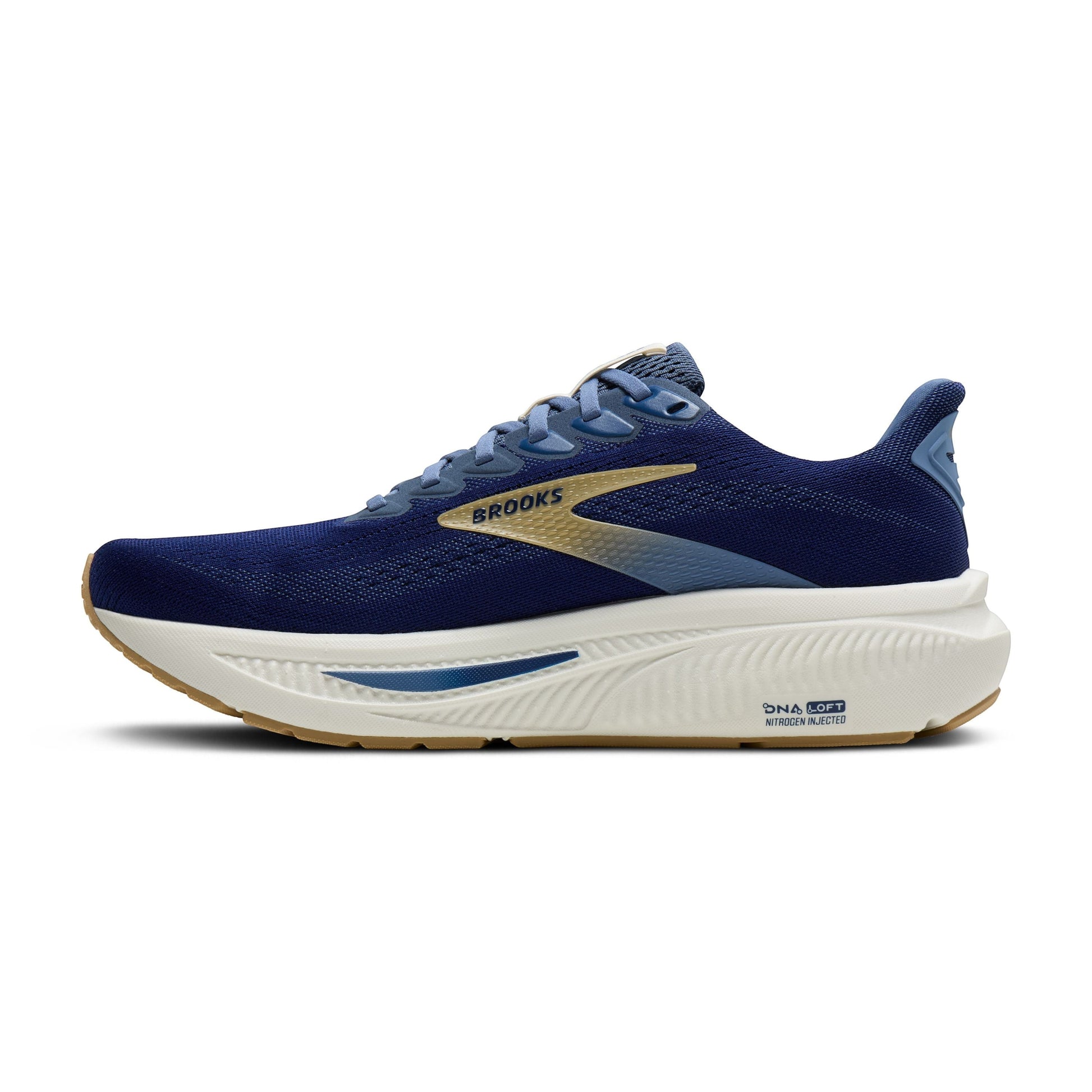Allen's Bootery Men's Ghost 17 navy blue running shoe with blue and gold accents. Features increased cushioning and recycled materials.