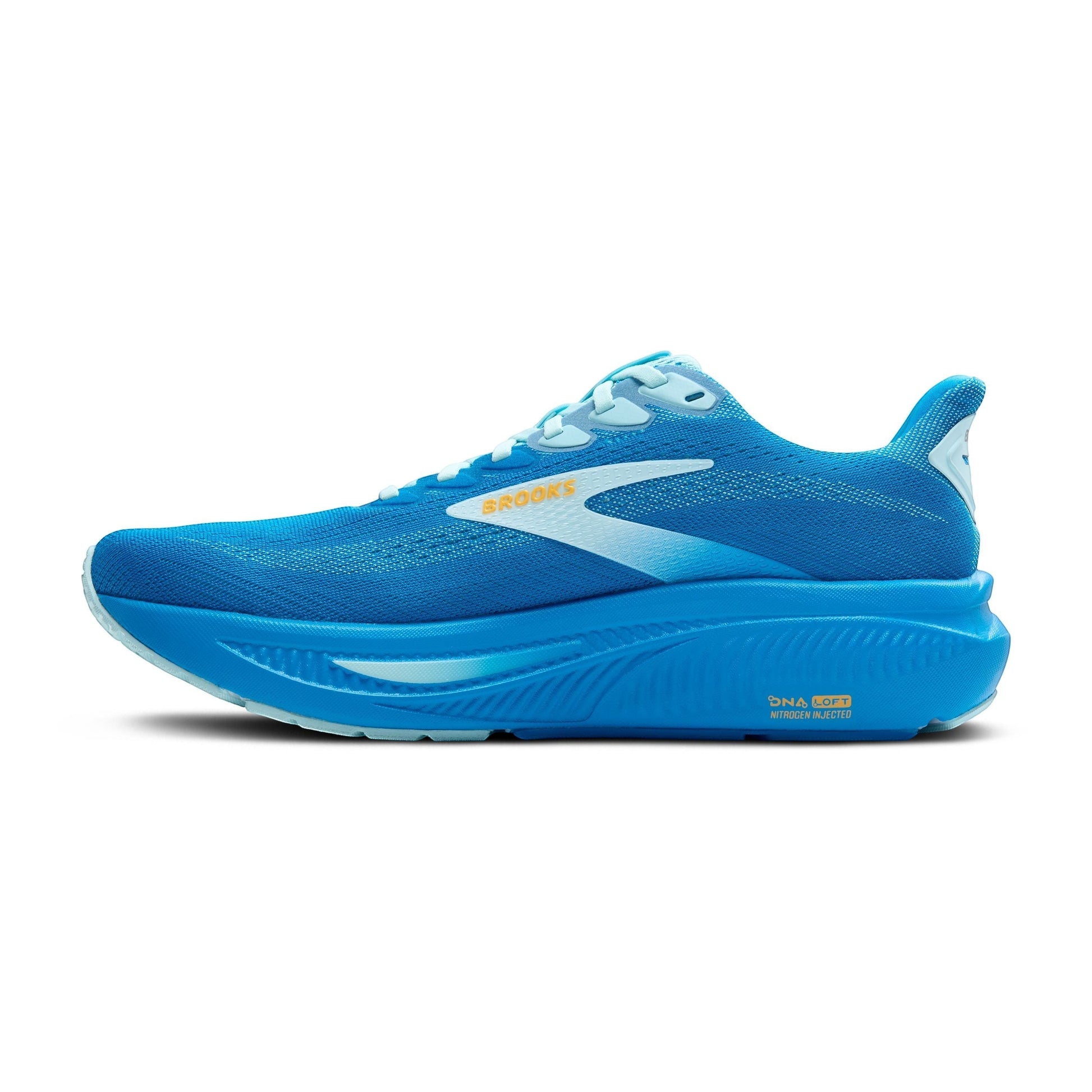 Allen's Bootery Men's Ghost 17 blue running shoe with orange accents and white laces. Features recycled materials and enhanced cushioning.