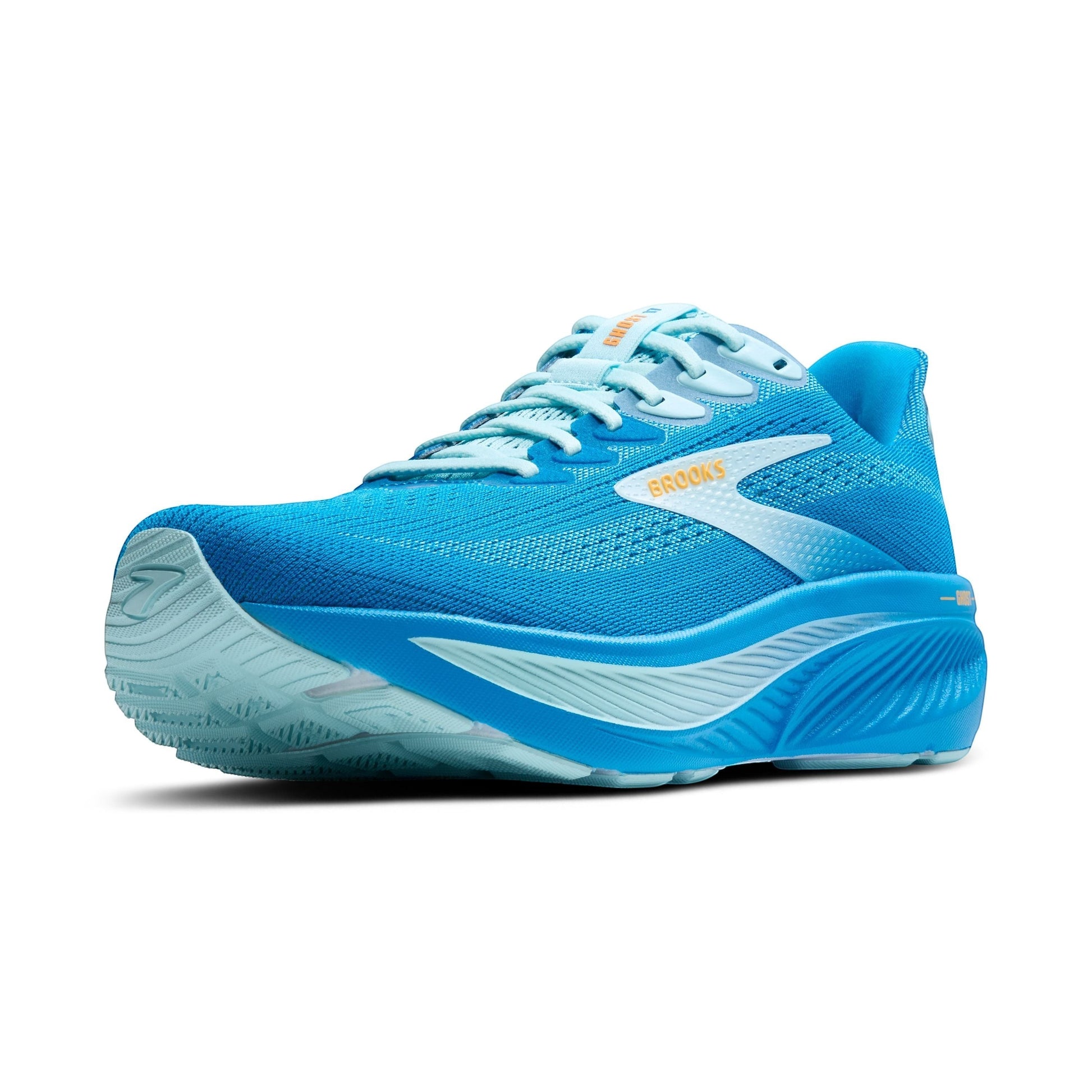 Allen's Bootery Men's Ghost 17 running shoe in blue with orange accents. Features increased cushioning and recycled materials.