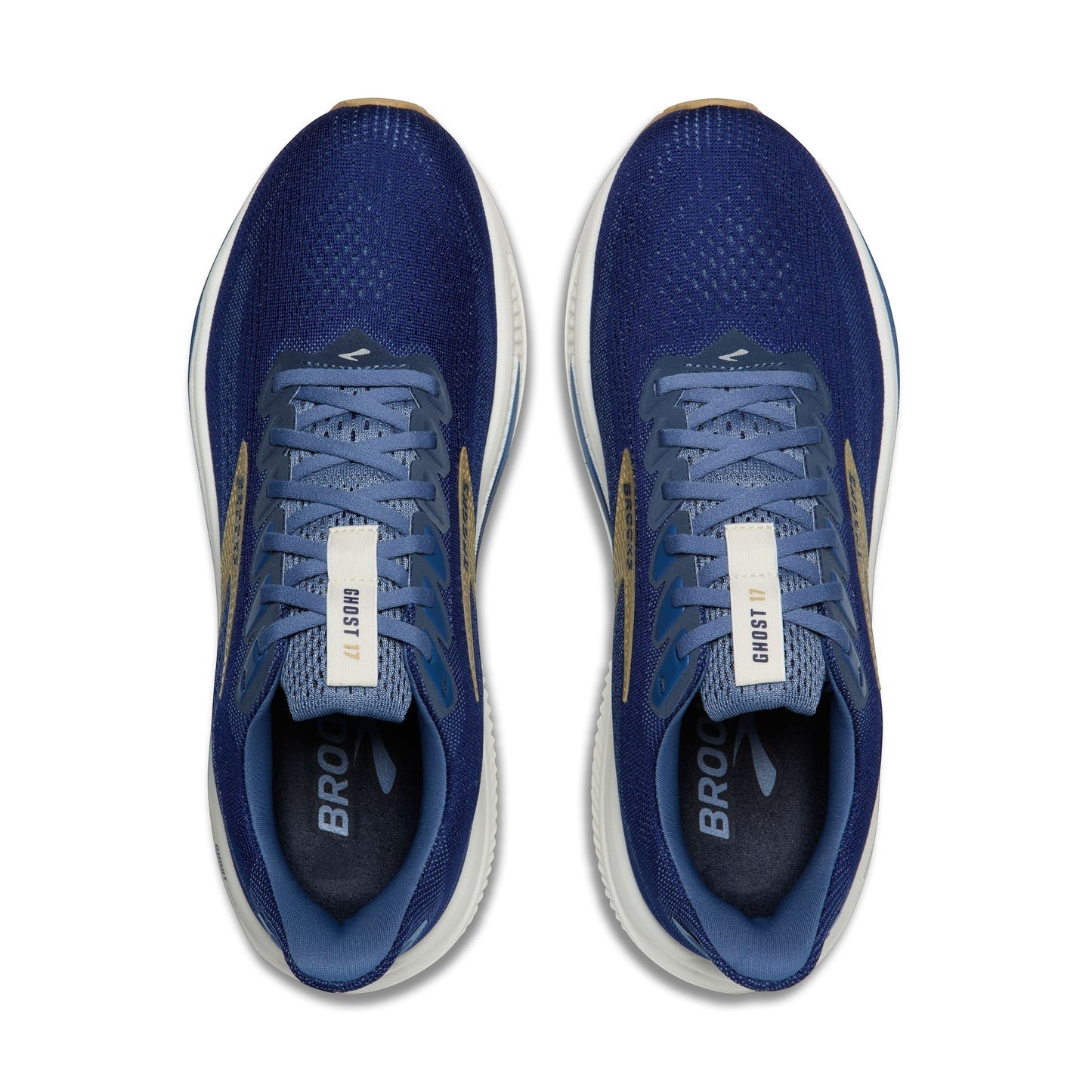 Allen's Bootery Men's Ghost 17 blue mesh running shoes with white soles and gold accents. Certified Carbon Neutral.